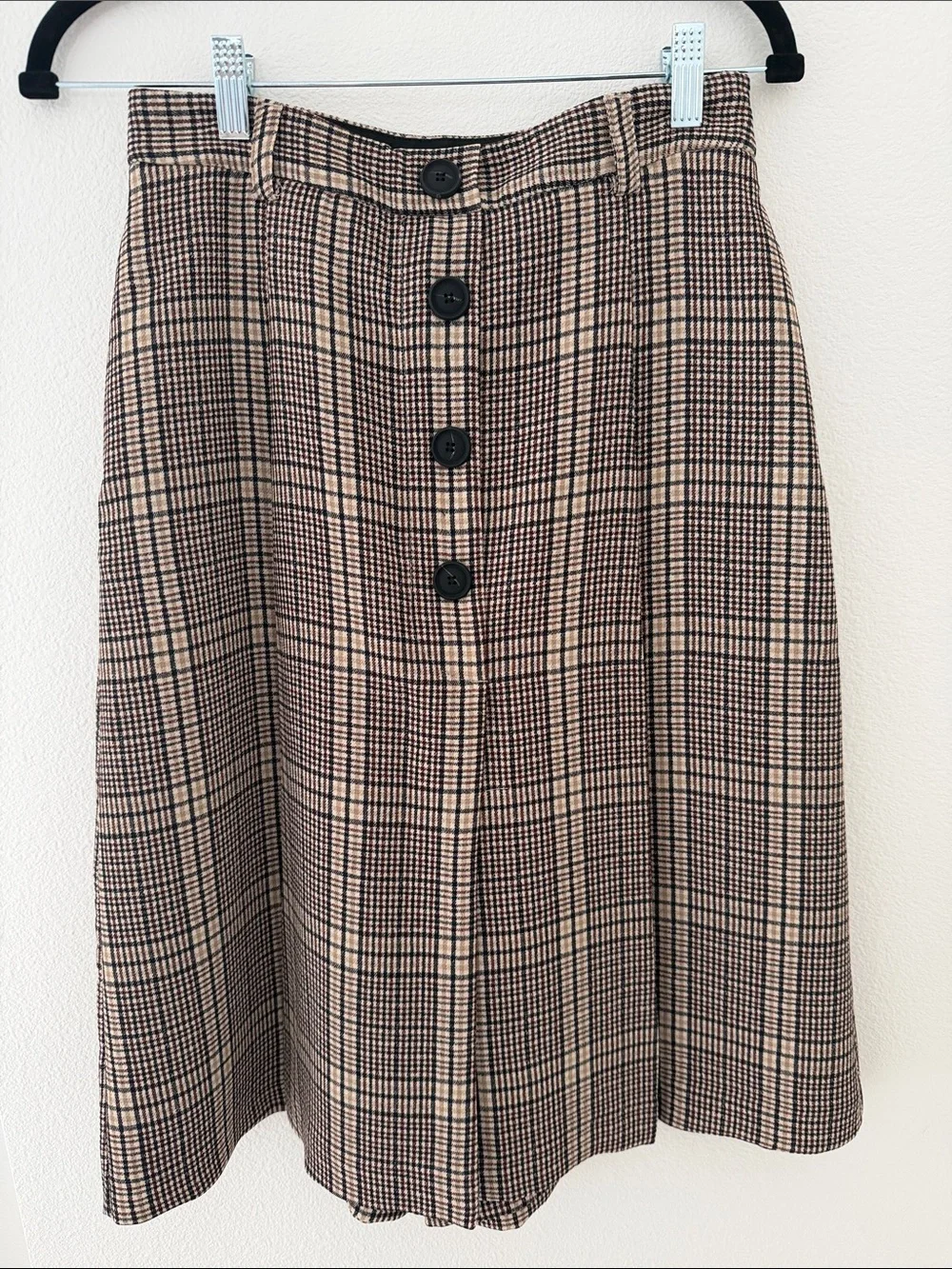 Zara Tan and Black Plaid A-Line Button-Front Skirt